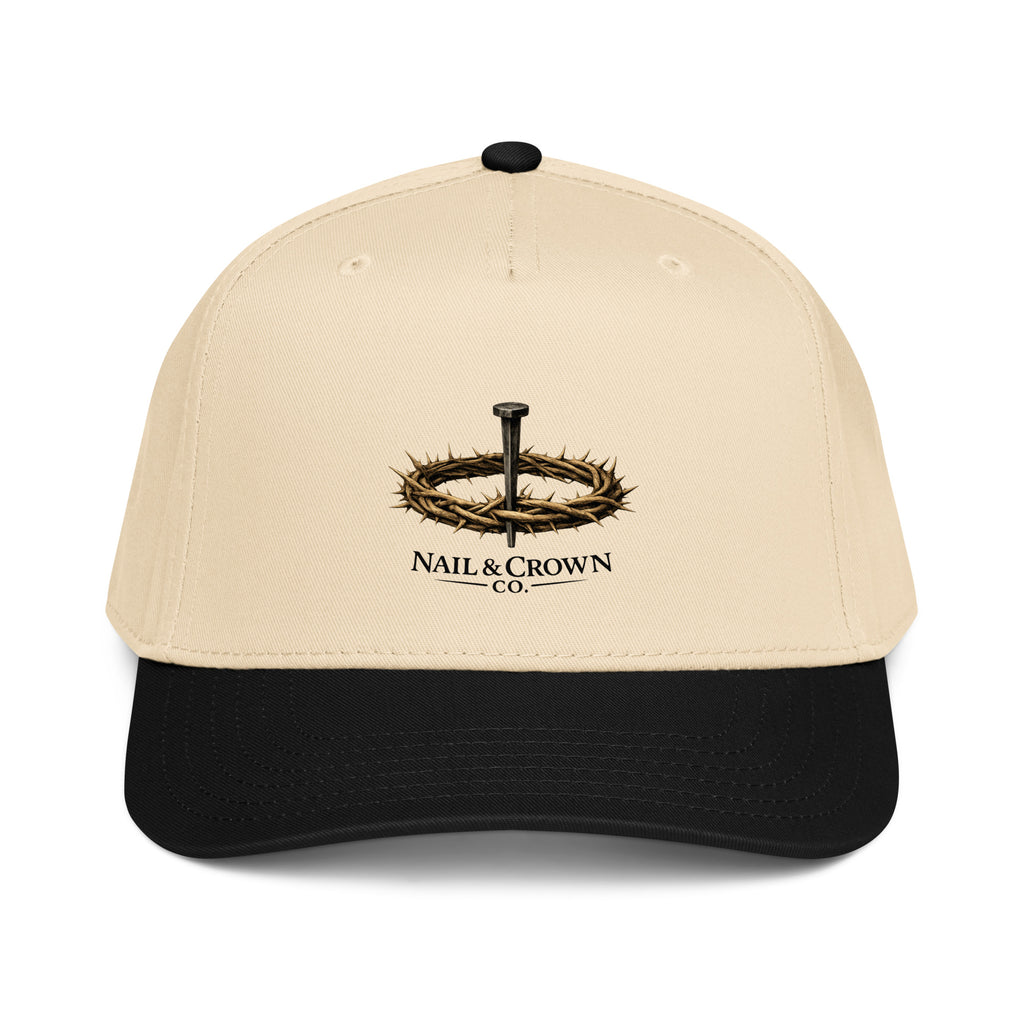 Nail & Crown Co. 5 Panel Cap, Beige with embroidered crown of thorns and nail logo, faith-inspired headwear