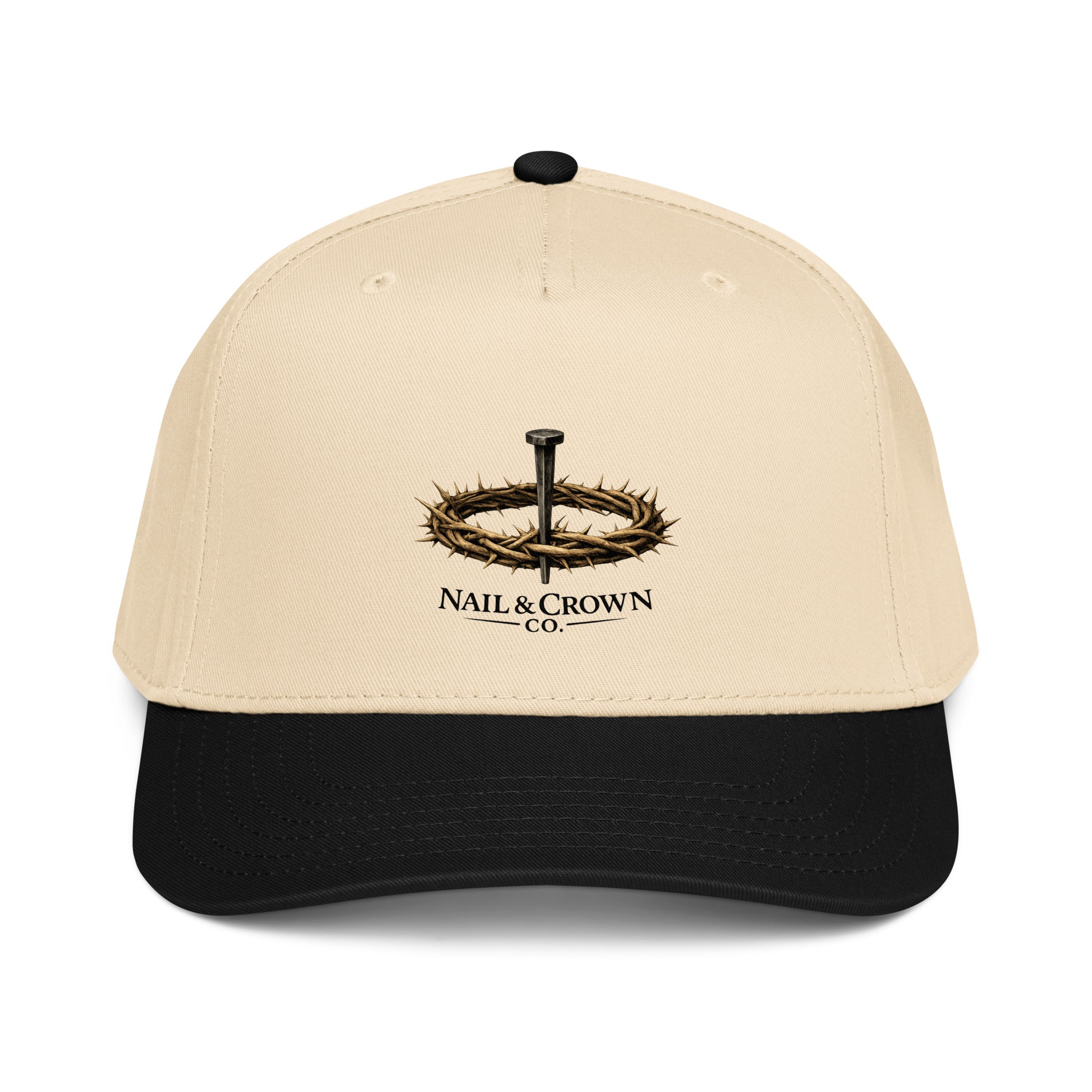 Nail & Crown Co. 5 Panel Cap, Beige with embroidered crown of thorns and nail logo, faith-inspired headwear