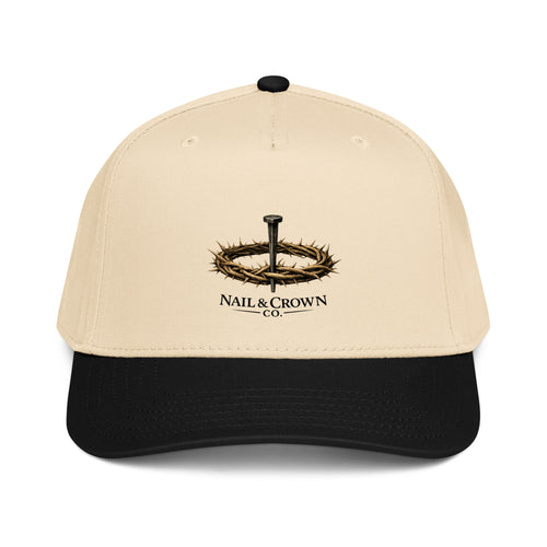 Nail & Crown Co. 5 Panel Cap, Beige with embroidered crown of thorns and nail logo, faith-inspired headwear