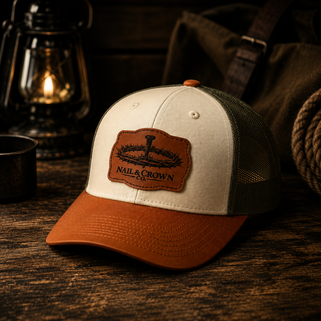 Richardson 115 Low Pro Trucker Hat with Nail & Crown Co. leather patch in cream, charcoal, and burnt orange colorway on rustic wood surface with lantern