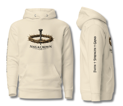 Nail & Crown Co. | Unisex Premium Pullover Hoodie — Logo Chest & Faith Strength Grind Sleeve