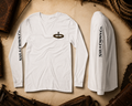 Nail & Crown Co. unisex long sleeve t-shirt in white with nail and crown logo on chest and Nail & Crown Co. branding on sleeve, flat lay on aged parchment with rope and leather