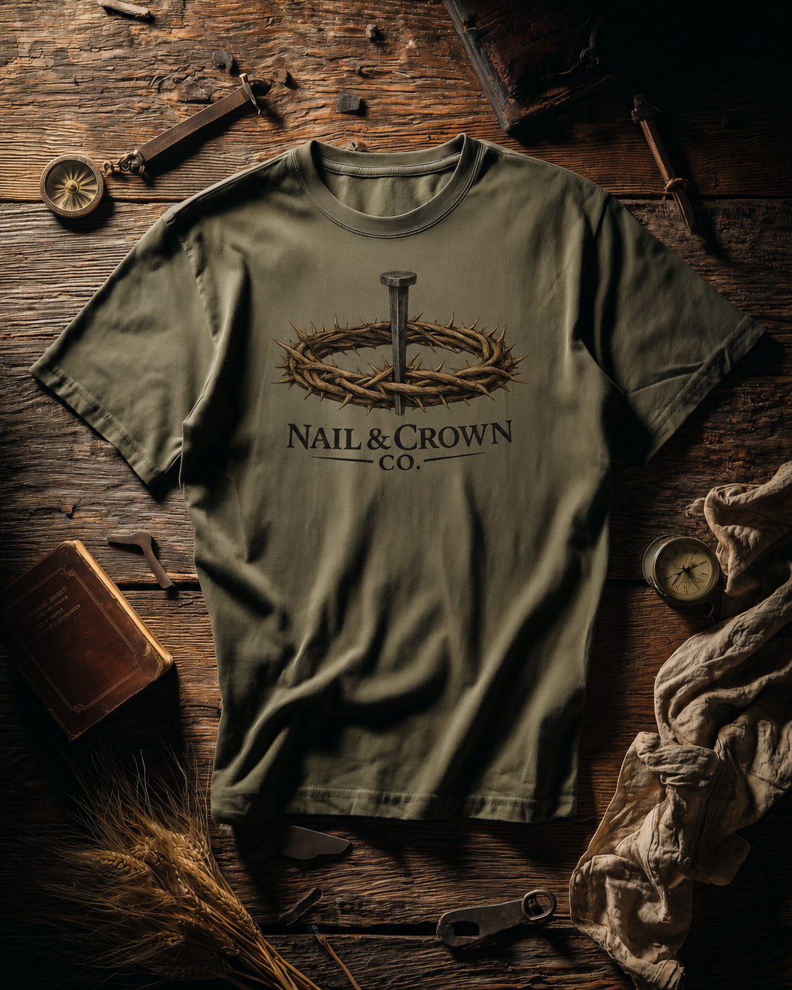 Nail & Crown Co. unisex short sleeve t-shirt in olive green with nail and crown of thorns logo, flat lay on rustic wood with compass, wheat, and leather journal