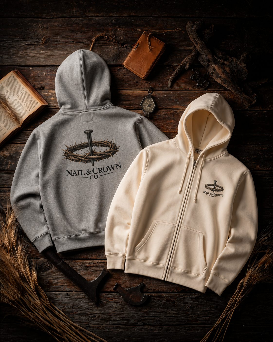 Nail & Crown Co. unisex zip hoodies in heather grey and cream, flat lay on rustic wood surface with wheat and leather journal, showing back and front logo designs