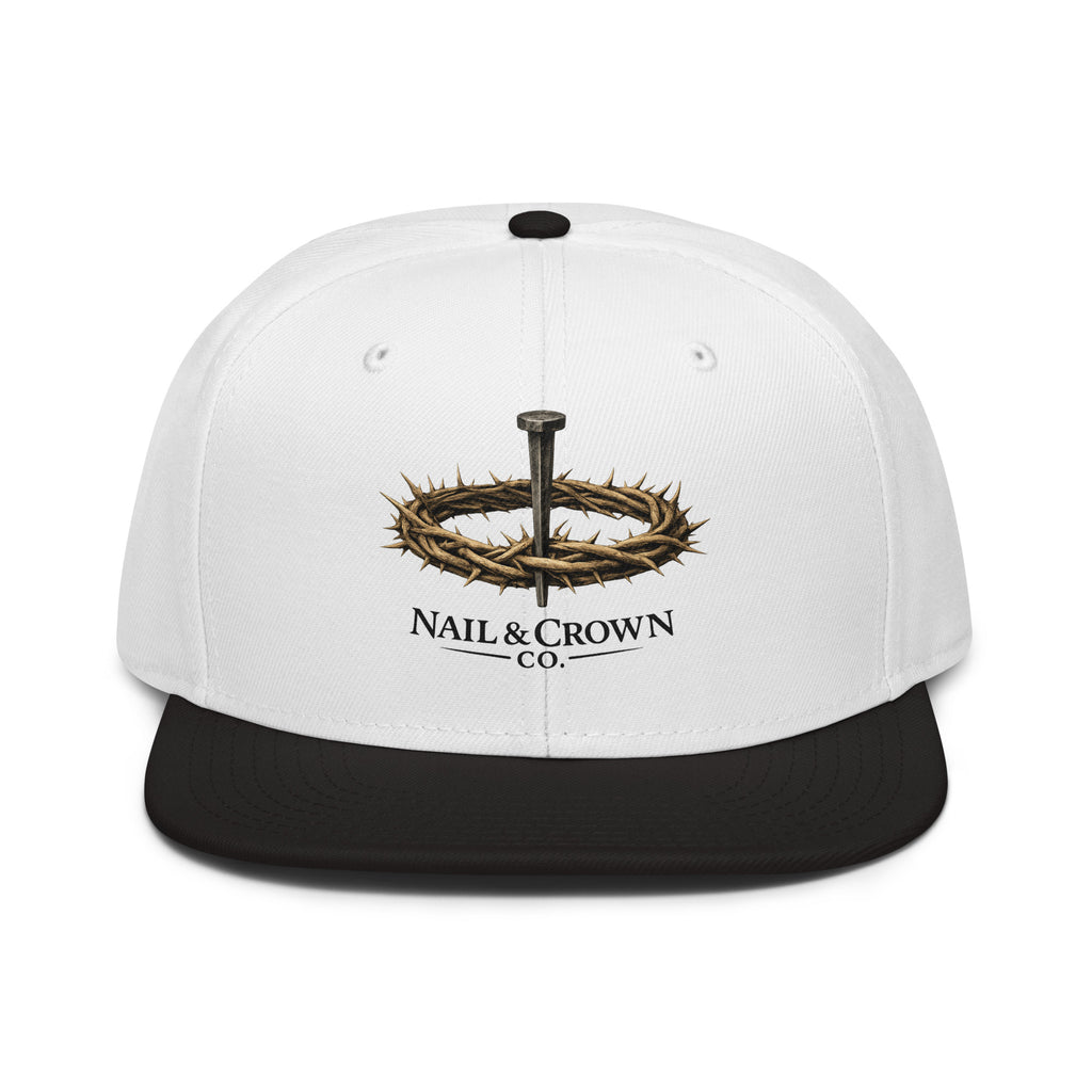 Nail & Crown Co. embroidered crown logo snapback hat, Black and White colorway, faith-inspired streetwear