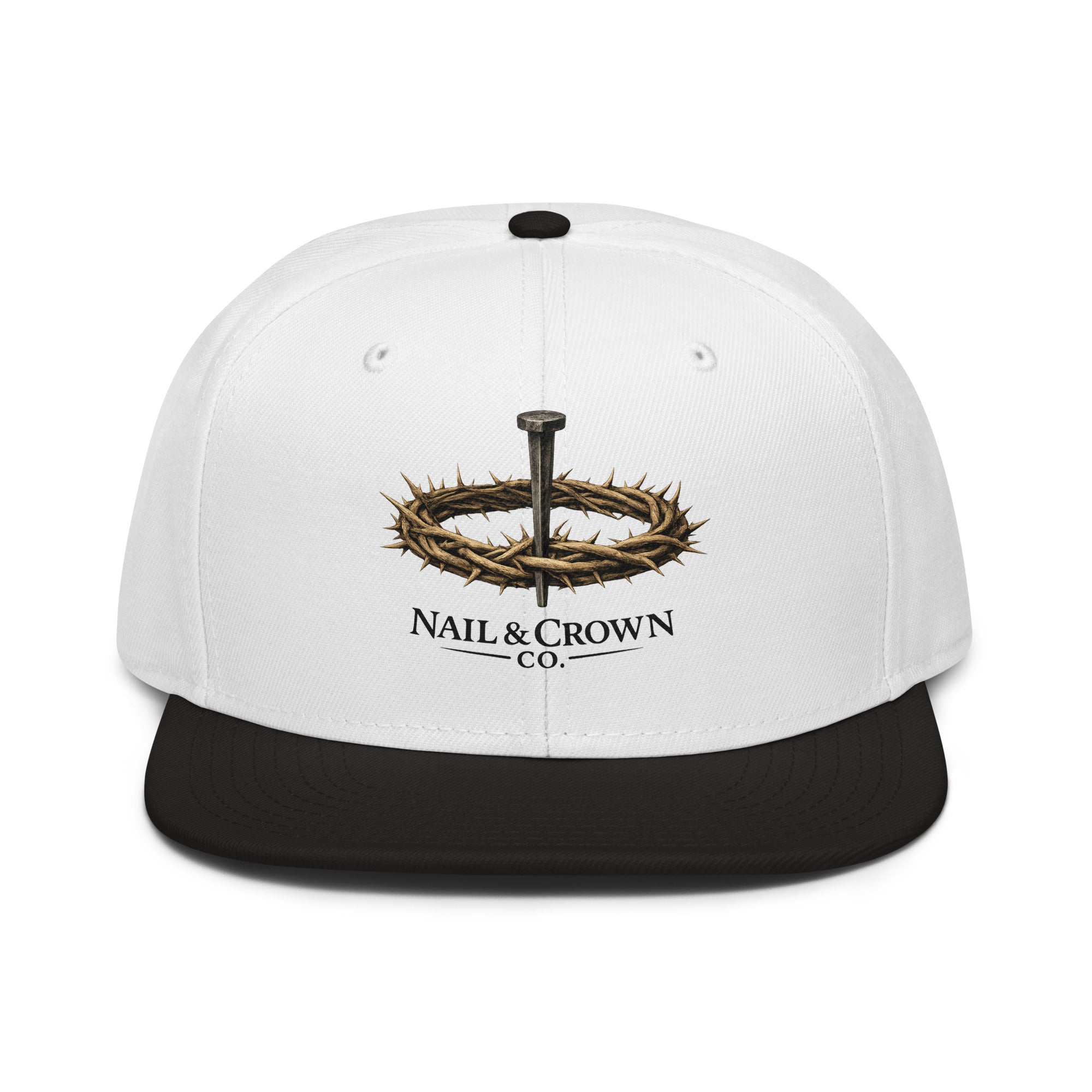 Nail & Crown Co. embroidered crown logo snapback hat, Black and White colorway, faith-inspired streetwear