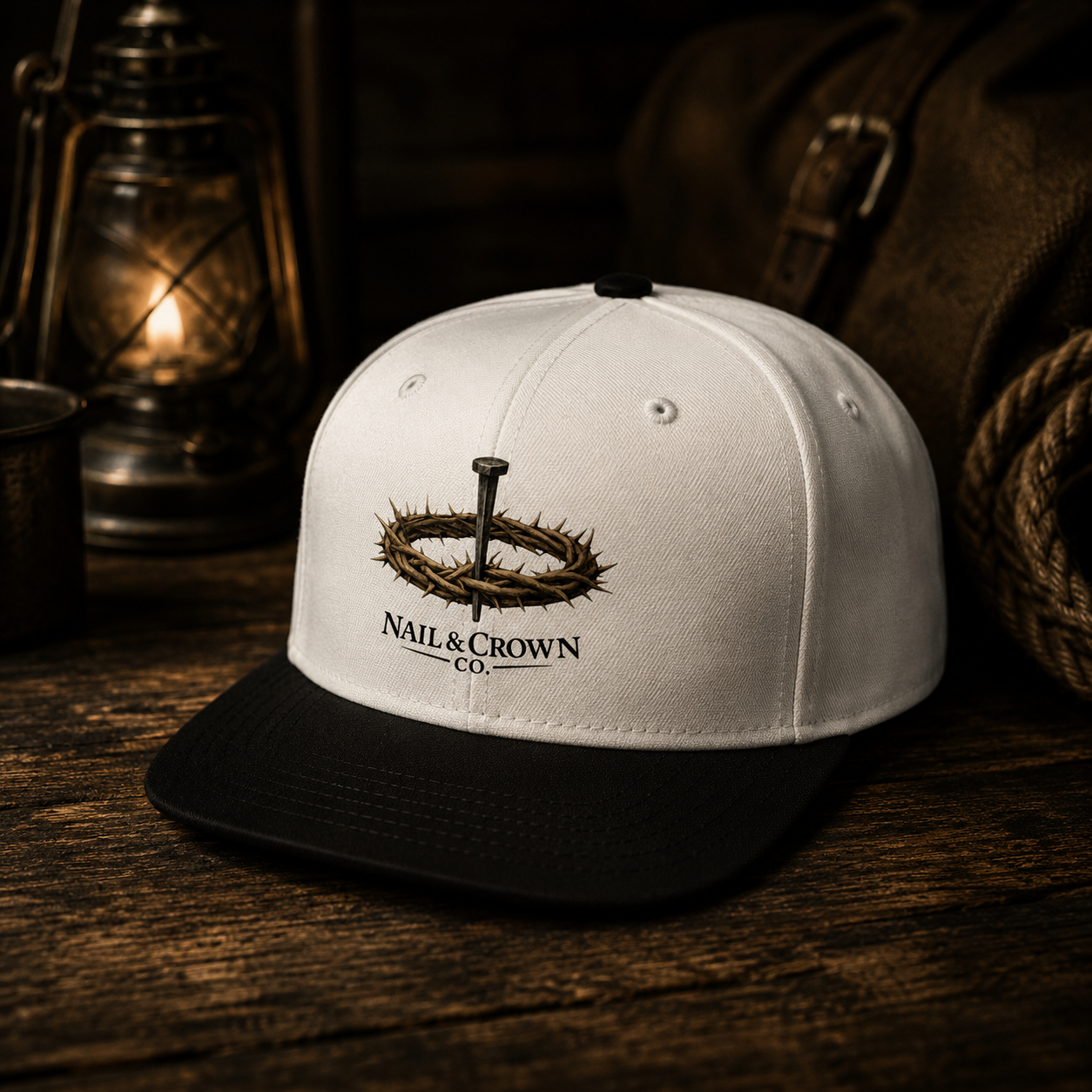 White and black snapback hat with embroidered Nail & Crown Co. nail and crown of thorns logo on rustic wood surface with vintage lantern