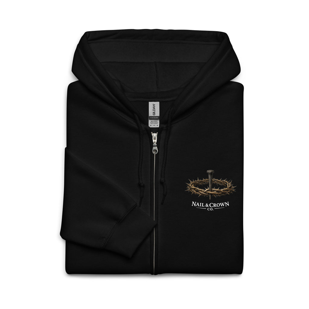 Nail & Crown Co. Unisex Zip Hoodie — logo on chest — Christian faith-based apparel