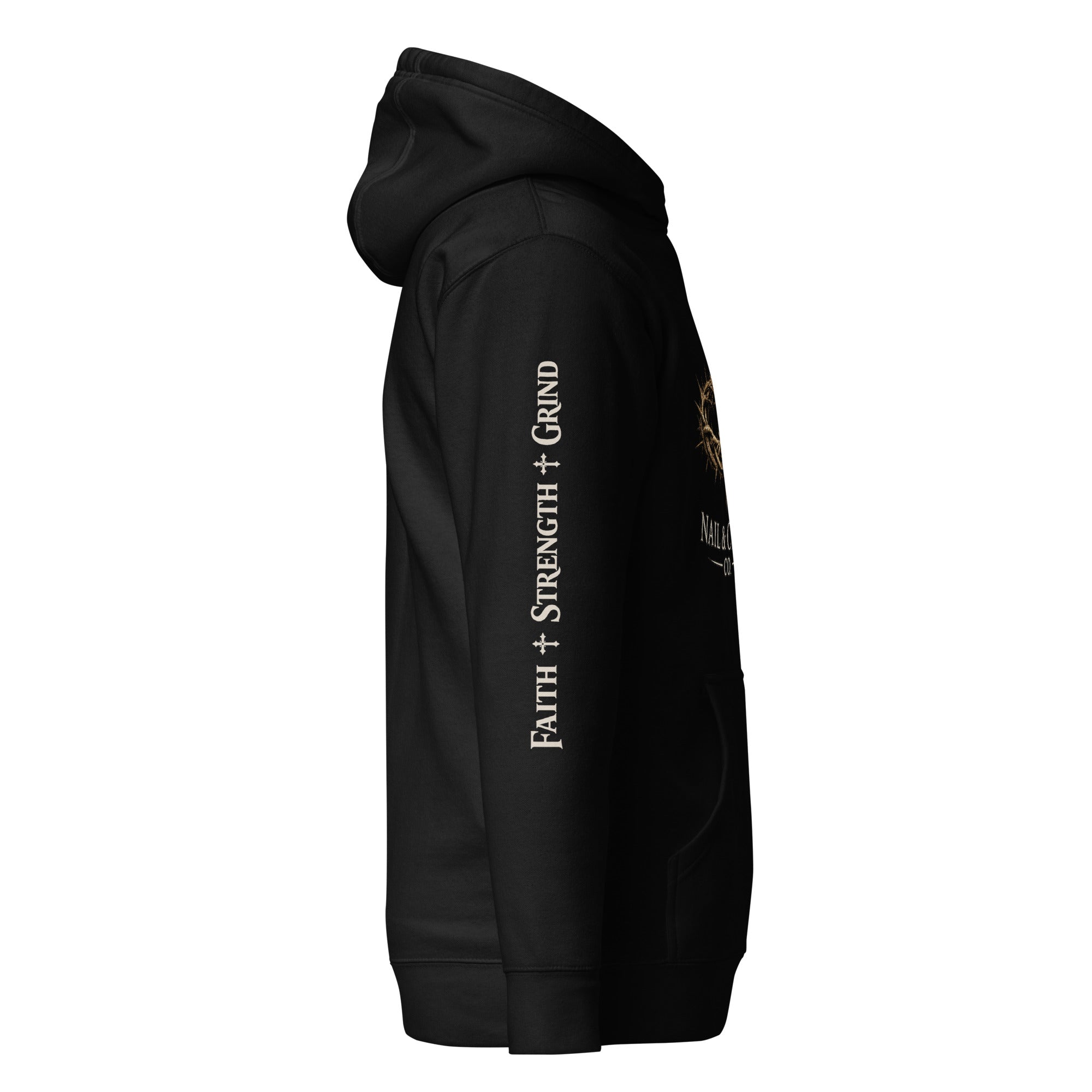 Nail & Crown Co. Black Unisex Premium Pullover Hoodie — Right View | Faith Strength Grind Sleeve