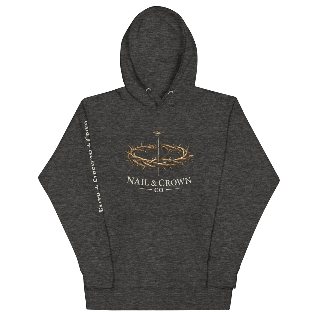 Nail & Crown Co. Charcoal Heather Unisex Premium Pullover Hoodie — Logo Front View