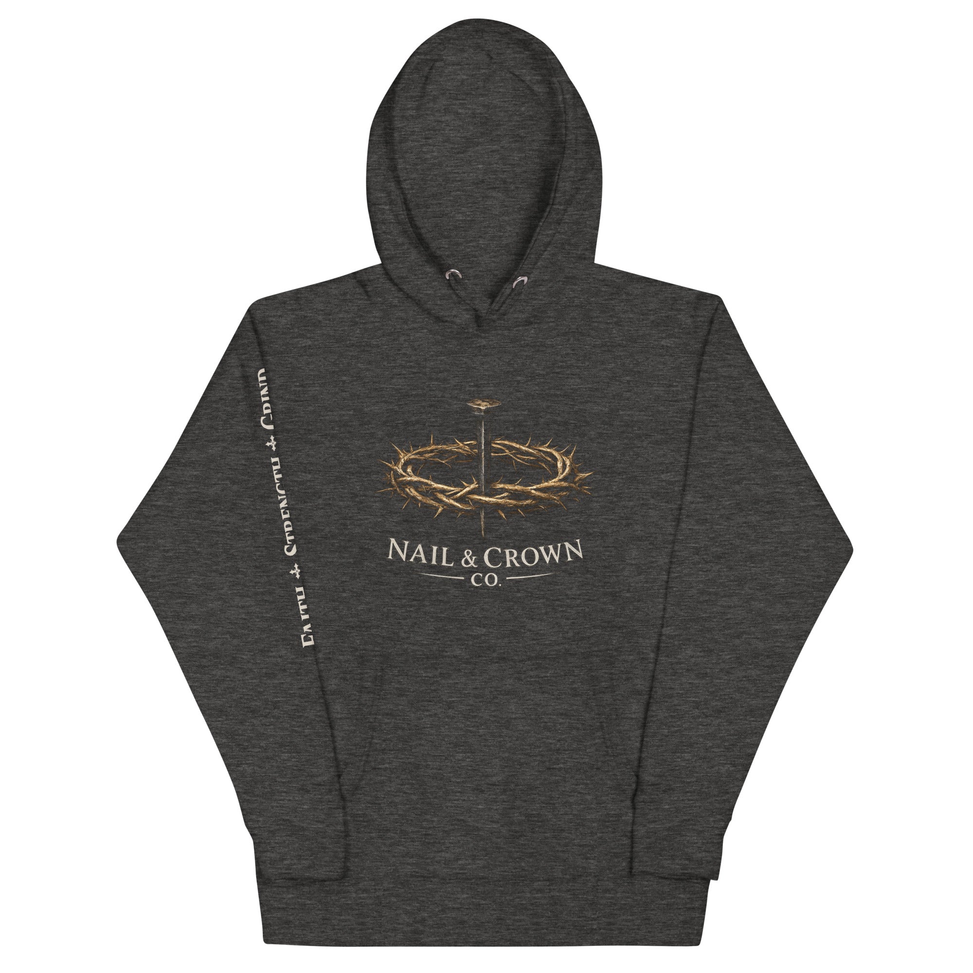Nail & Crown Co. Charcoal Heather Unisex Premium Pullover Hoodie — Logo Front View