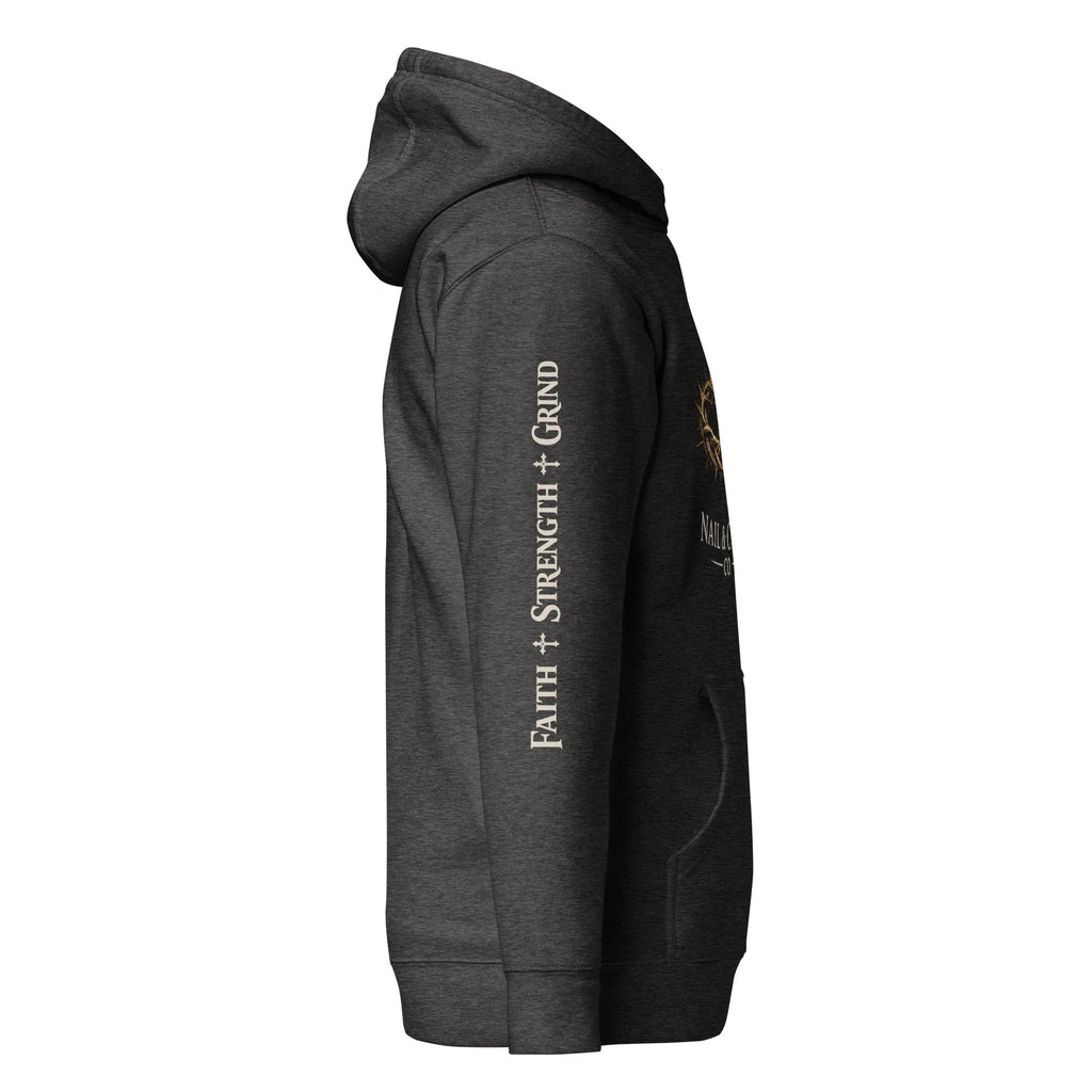 Nail & Crown Co. Charcoal Heather Unisex Hoodie — Sleeve Print Detail | Faith Strength Grind