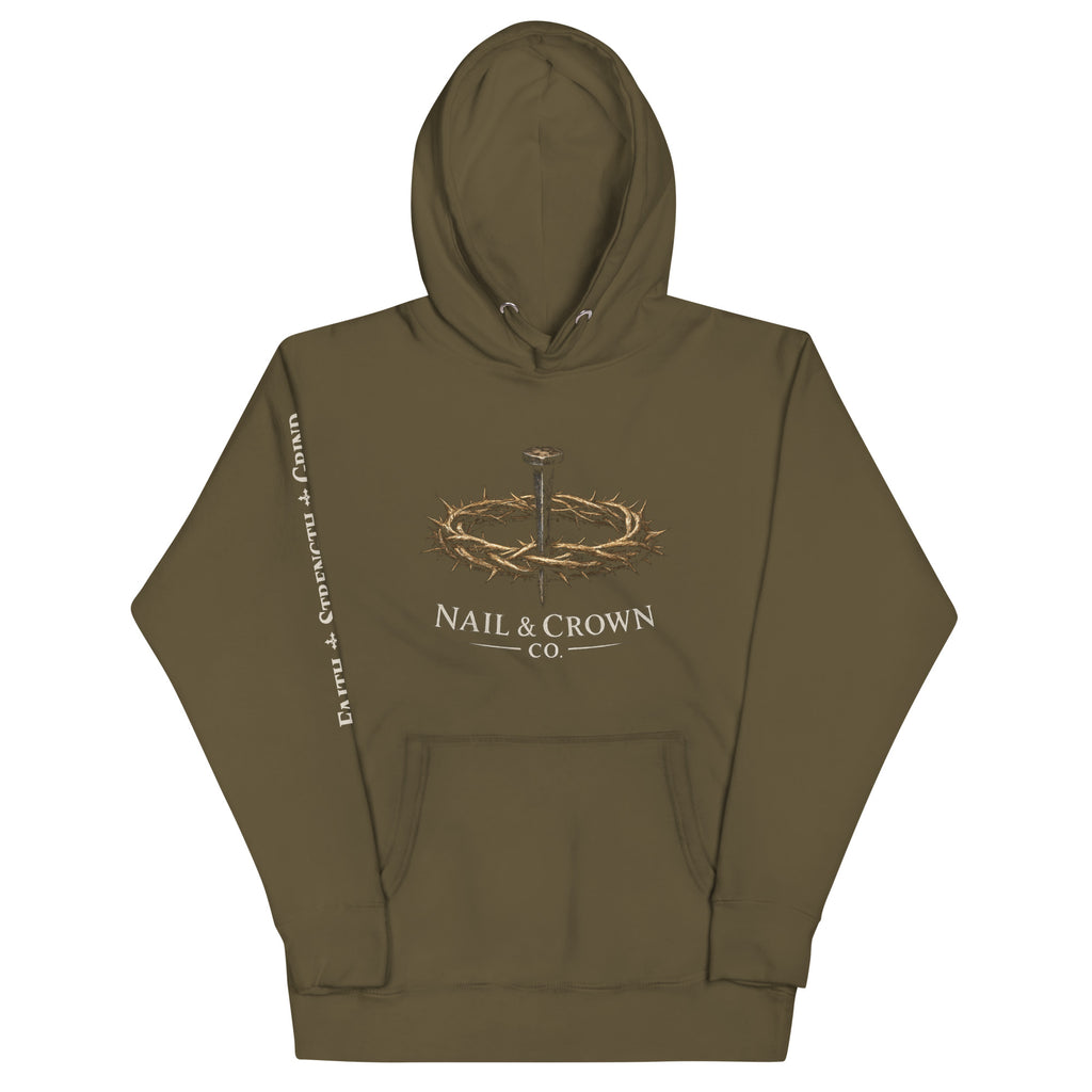 Nail & Crown Co. Military Green Unisex Premium Pullover Hoodie — Front Logo View