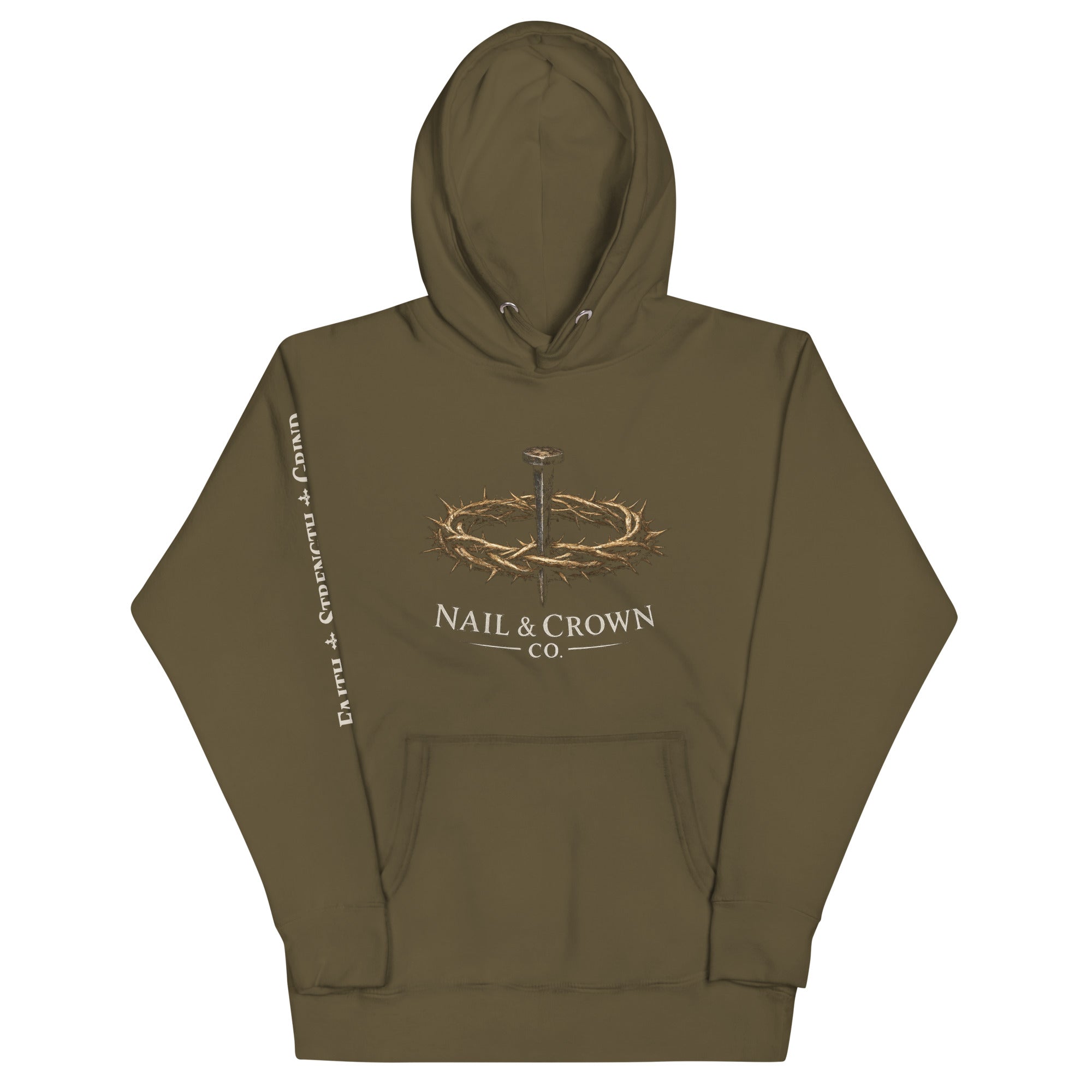 Nail & Crown Co. Military Green Unisex Premium Pullover Hoodie — Front Logo View