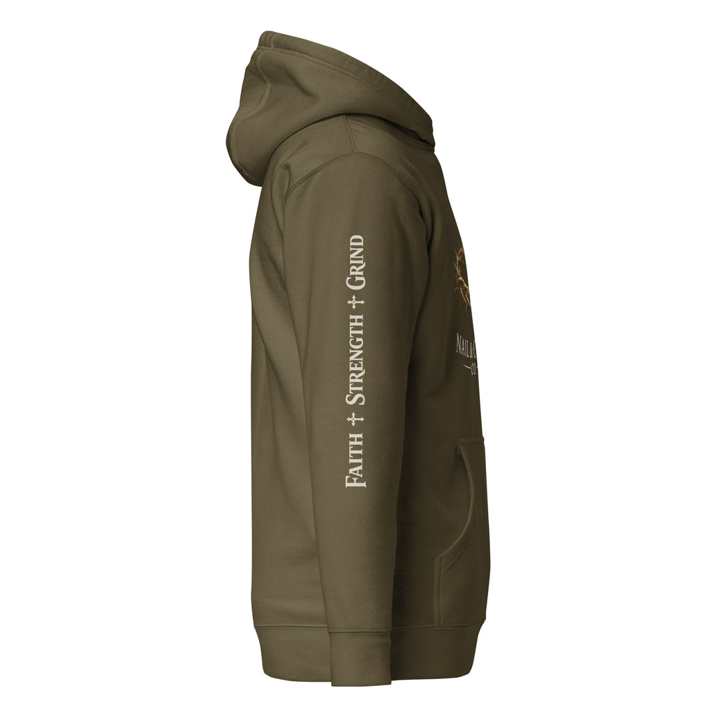 Nail & Crown Co. Military Green Unisex Hoodie — Sleeve Print Detail | Faith Strength Grind