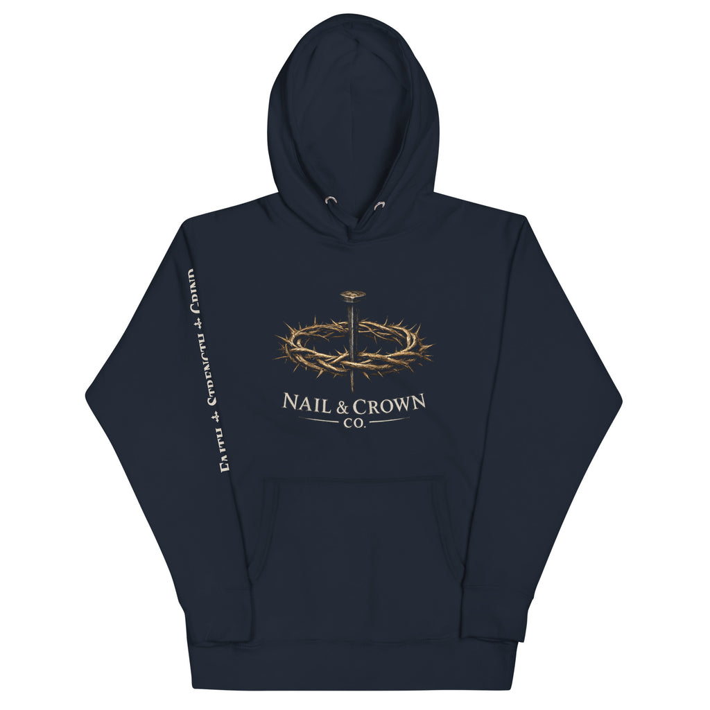 Nail & Crown Co. Navy Blazer Unisex Premium Pullover Hoodie — Front Logo View