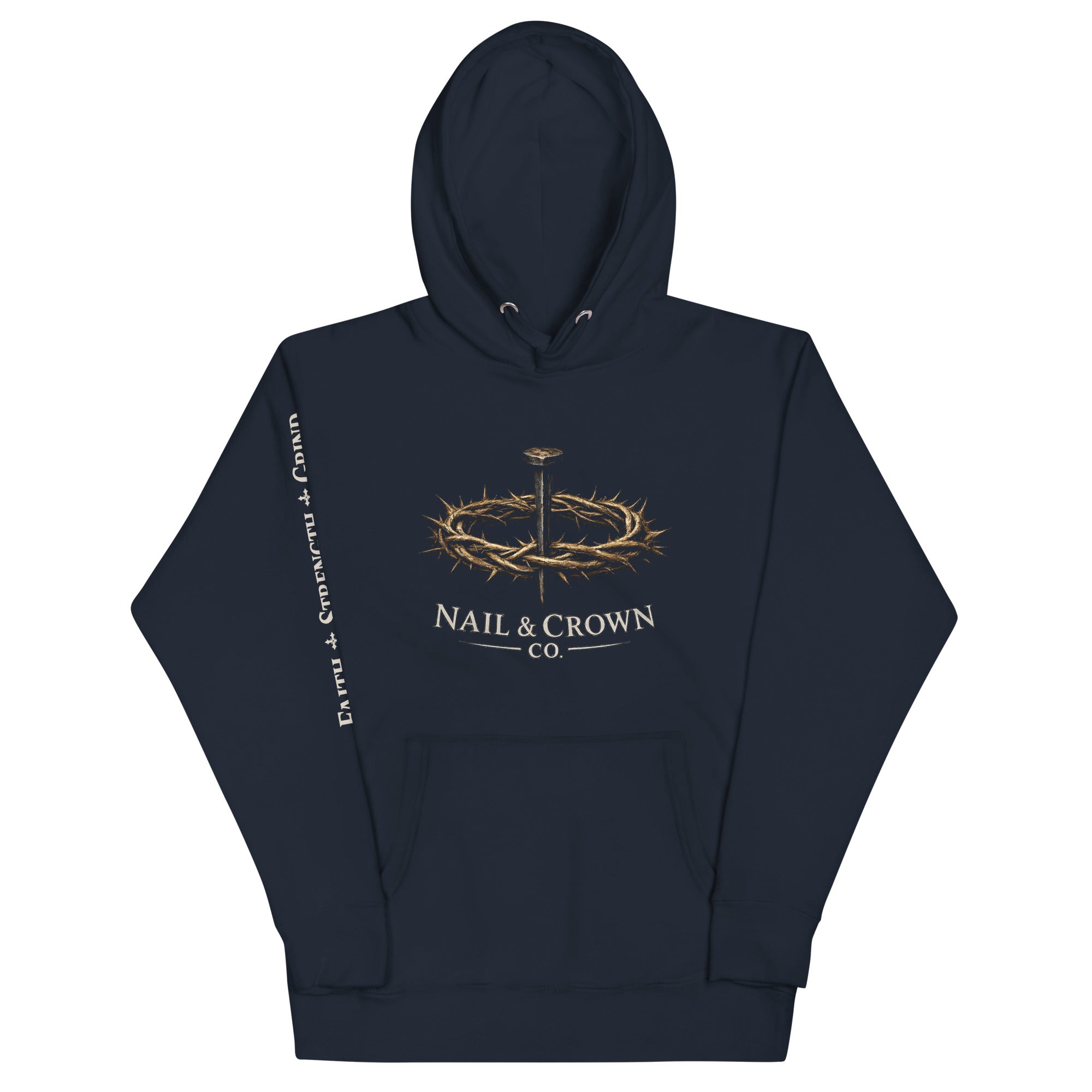 Nail & Crown Co. Navy Blazer Unisex Premium Pullover Hoodie — Front Logo View