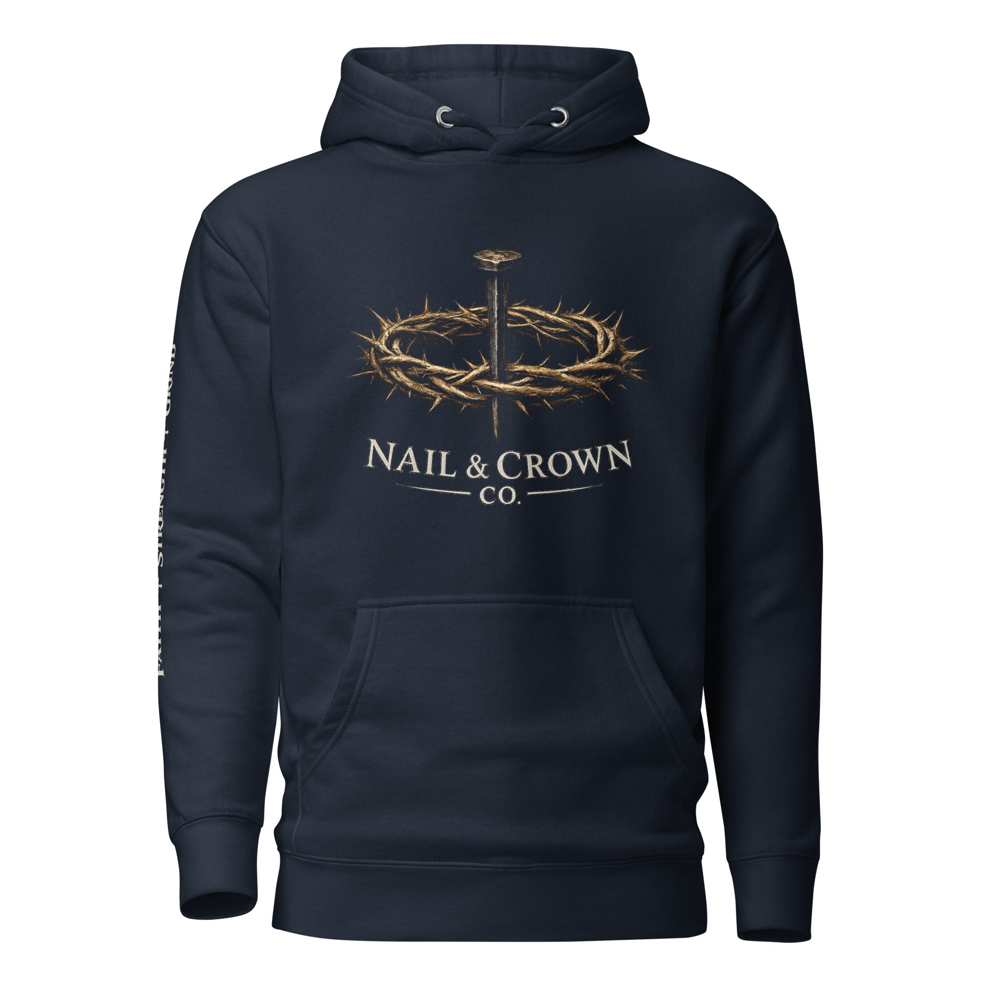 Nail & Crown Co. Navy Blazer Unisex Premium Pullover Hoodie — Front View | Faith Strength Grind
