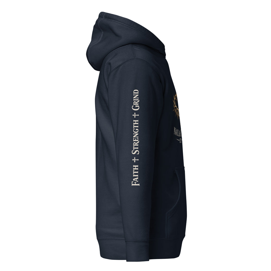 Nail & Crown Co. Navy Blazer Unisex Hoodie — Sleeve Print Detail | Faith Strength Grind