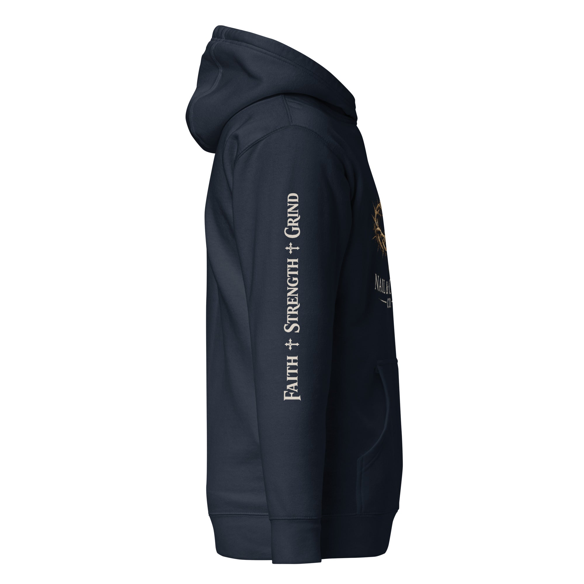 Nail & Crown Co. Navy Blazer Unisex Hoodie — Sleeve Print Detail | Faith Strength Grind
