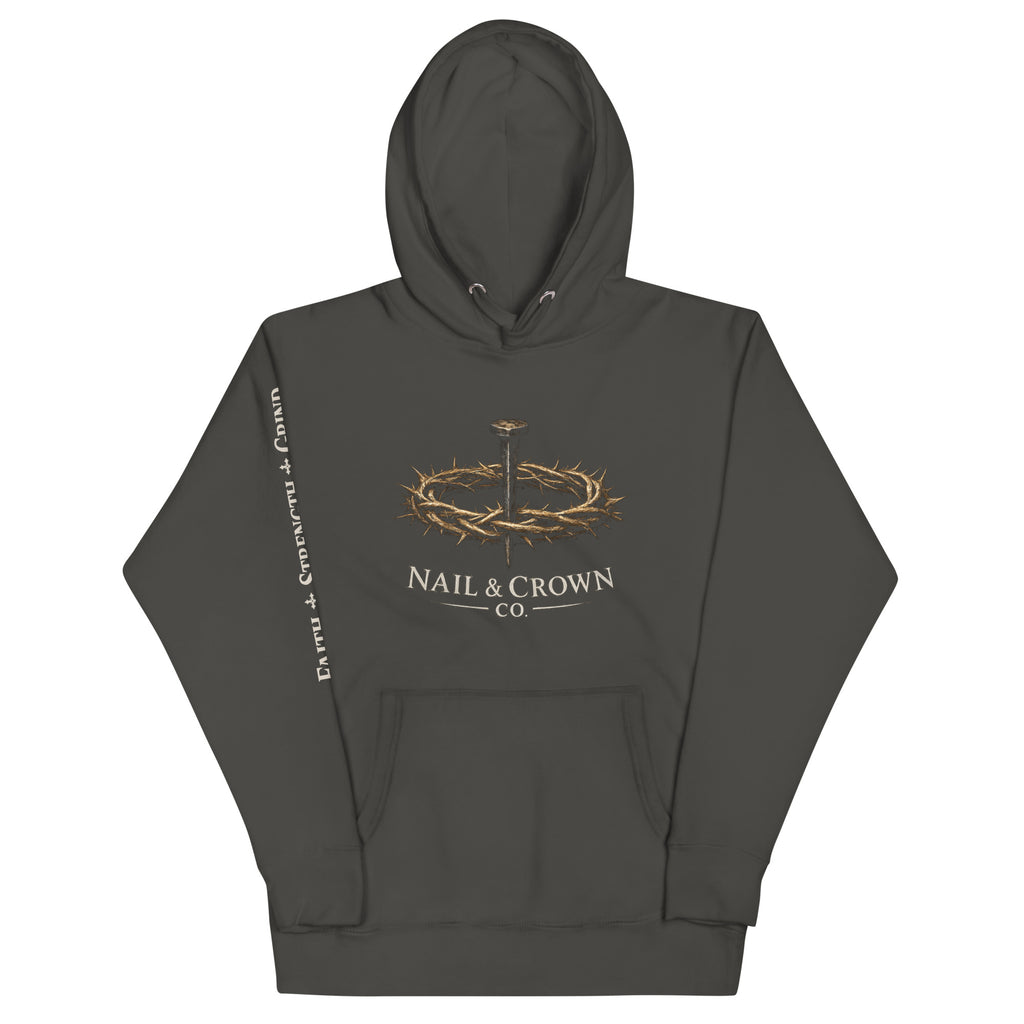 Nail & Crown Co. Vintage Black Unisex Premium Pullover Hoodie — Front Logo View