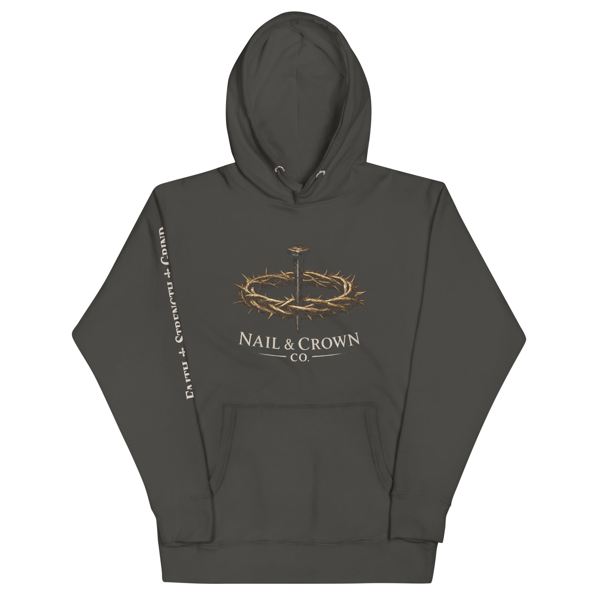 Nail & Crown Co. Vintage Black Unisex Premium Pullover Hoodie — Front Logo View