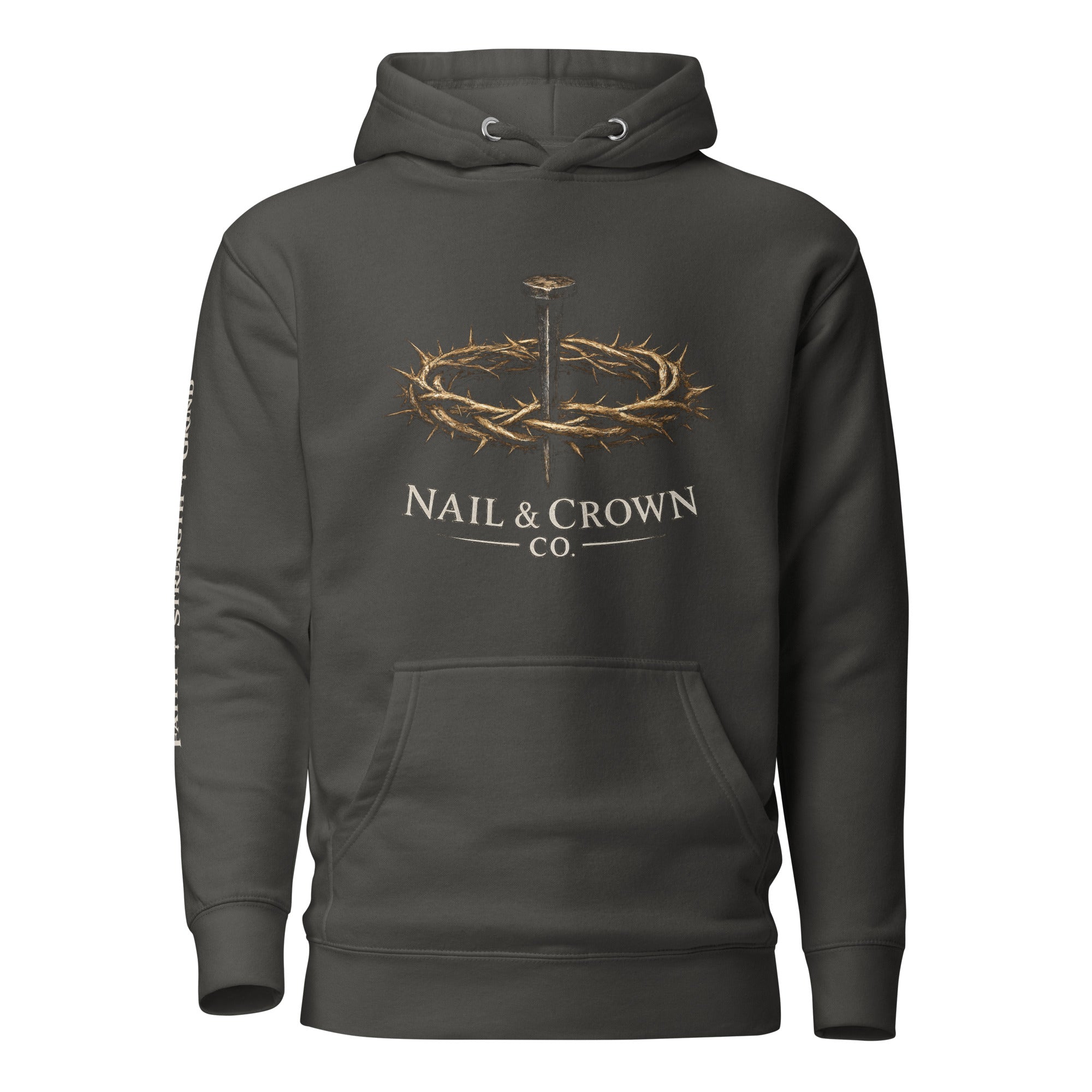 Nail & Crown Co. Vintage Black Unisex Premium Pullover Hoodie — Faith Strength Grind Sleeve