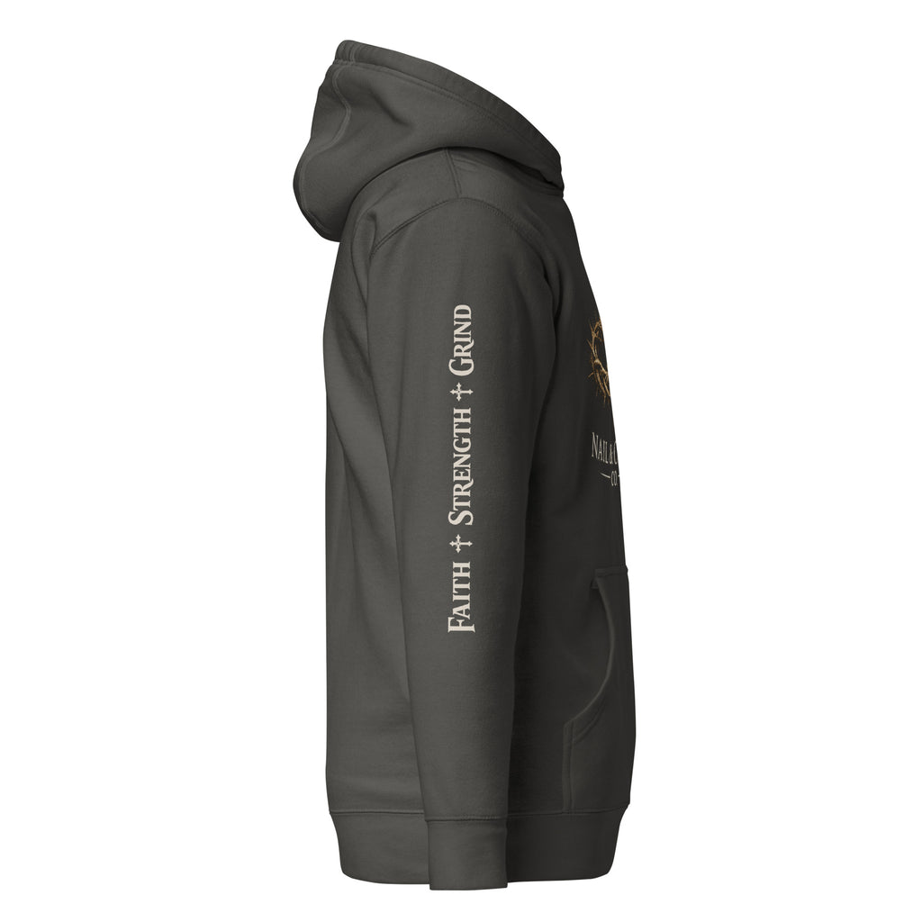 Nail & Crown Co. Vintage Black Unisex Hoodie — Sleeve Print Detail | Faith Strength Grind